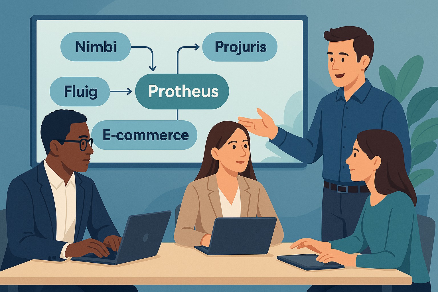 Equipe em trabalho — fluxos Nimbi, Projuris, Fluig, E-commerce → Protheus