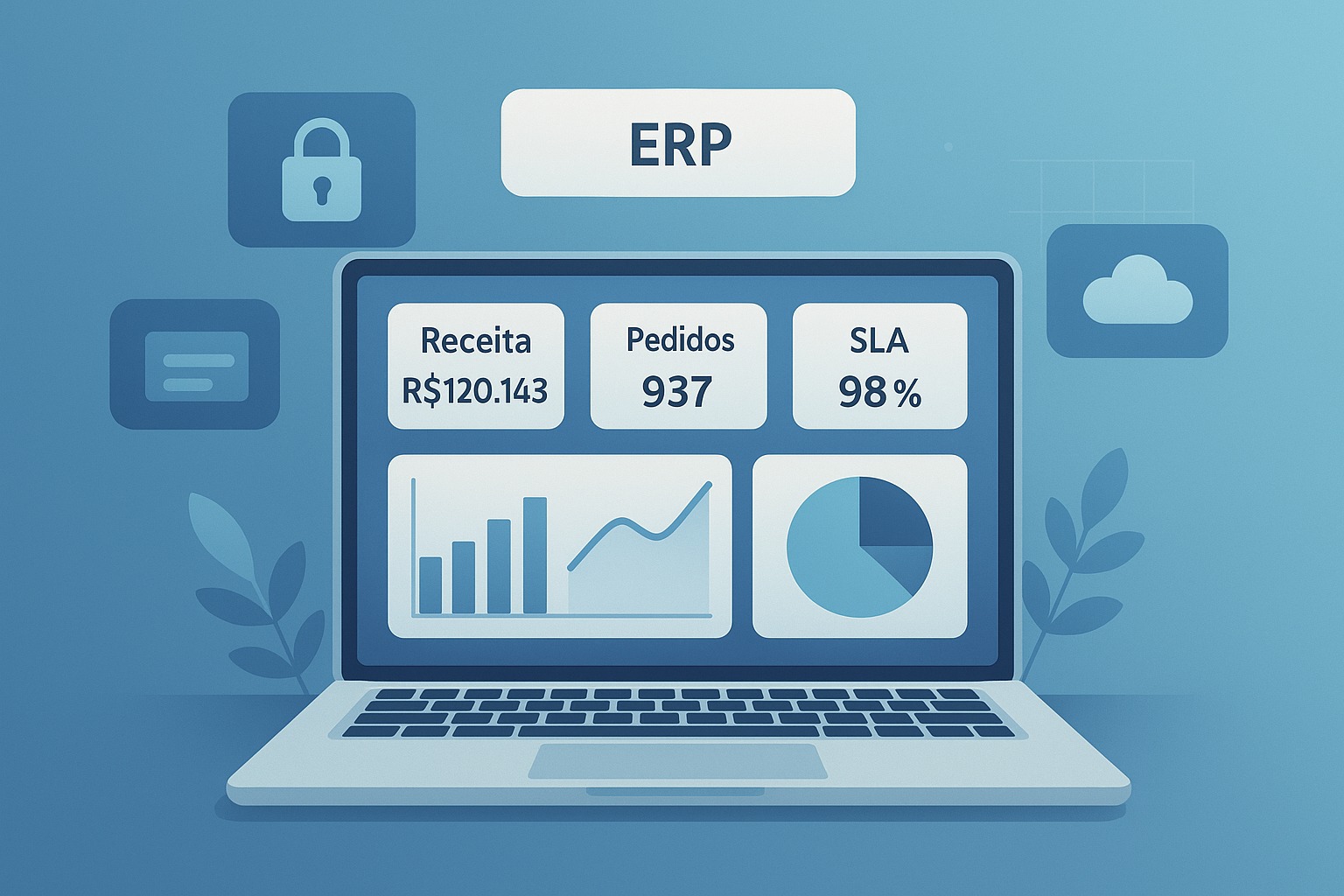 Painel ERP — KPIs de Receita, Pedidos e SLA, com gráficos de barras, linha e pizza